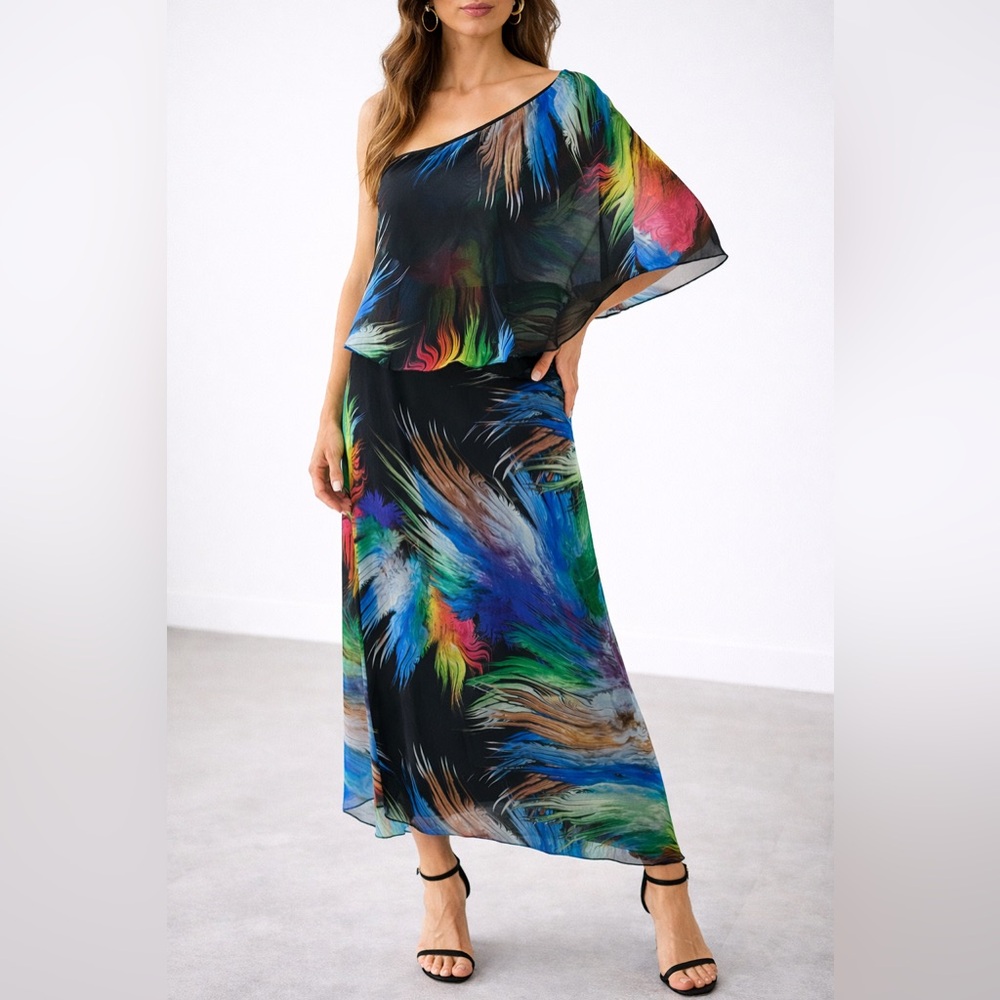 Julian Chang One Shoulder Black Multicolor Feather Print Dress Size S